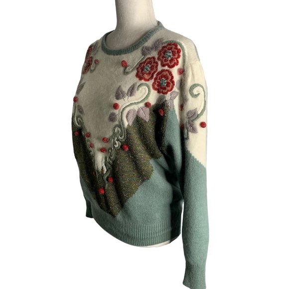 Vintage 80s Lambs Wool Angora Knit Sweater M Green Embroidered Floral Pullover - Picture 3 of 7